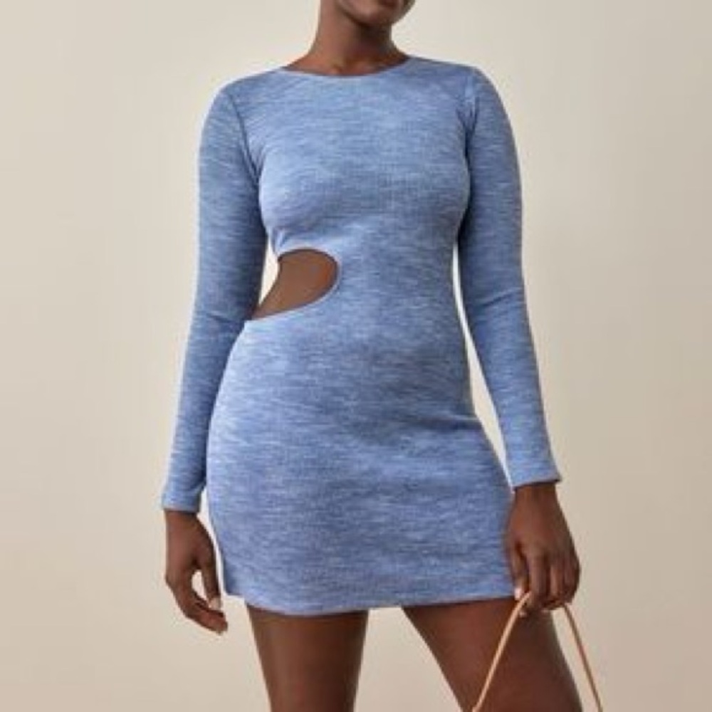 Reformation light blue tracey knit cutout long sleeve mini dress NWT